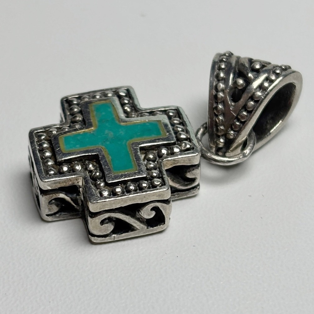 Sterling Silver and Turquoise Inlay Greek Cross Pendant - Picture 3 of 7